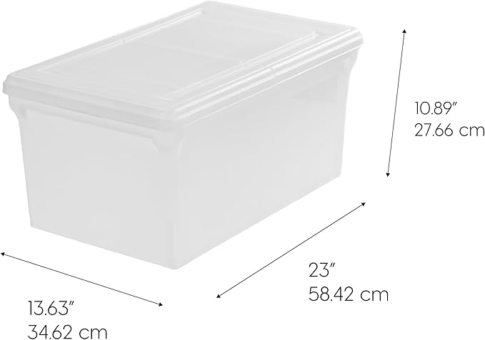 IRIS USA File Box, File Organizer w/Hinged Split Lid for Letter File, Important Document Box, Plastic Storage Filing Bin for Moving, Stackable Nestable Portable, Pearl 44 Qt. 4 Pack