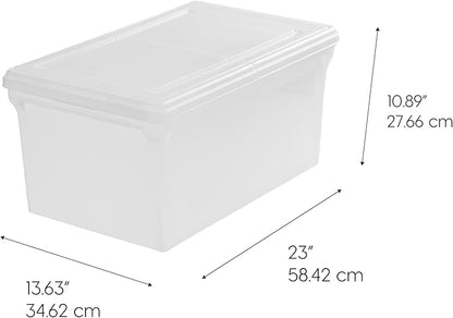 IRIS USA File Box, File Organizer w/Hinged Split Lid for Letter File, Important Document Box, Plastic Storage Filing Bin for Moving, Stackable Nestable Portable, Pearl 44 Qt. 4 Pack