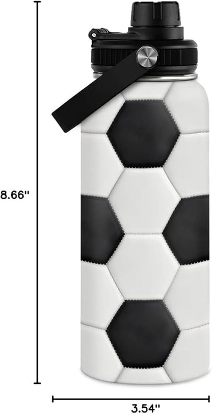 Soccer Water Bottle with Lid - 32oz Insulated Stainless Steel Sport Bottles - Gift for Men Soccer Player Fan Coach