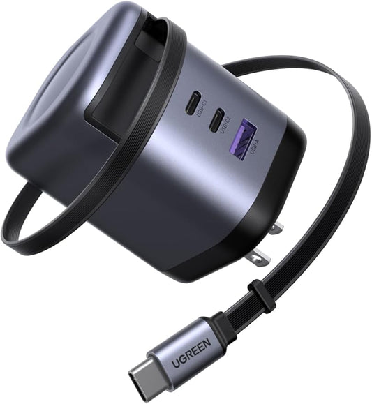 UGREEN Nexode 100W GaN USB C Retractable Charger with Built-in Cable, 3-Port Fast Charging Wall Adapter for Laptop, MacBook Pro/Air, iPhone 17/16, Galaxy S25, Pixel, iPad, MatePad, DJI Drone