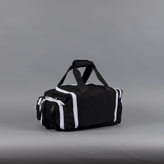 WOLFpak 20L Mini Duffle Bag for Gym & Travel | Waterproof Carry-On Weekender Bag with Shoe Compartment, Hard Bottom, and Tactical Molle System (Black with White Accents)