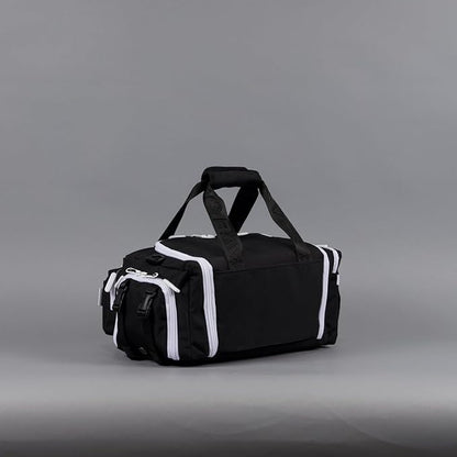 WOLFpak 20L Mini Duffle Bag for Gym & Travel | Waterproof Carry-On Weekender Bag with Shoe Compartment, Hard Bottom, and Tactical Molle System (Black with White Accents)