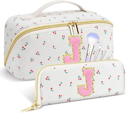 Personalized Travel Makeup Bag Set,Initial Travel Cute Cherry Makeup Organizer Bag,Toiletry Skincare Cosmetic Bag,Christmas Gifts for Women/Girls,Open Flat Toiletry Pouch with Brush Pocket-J