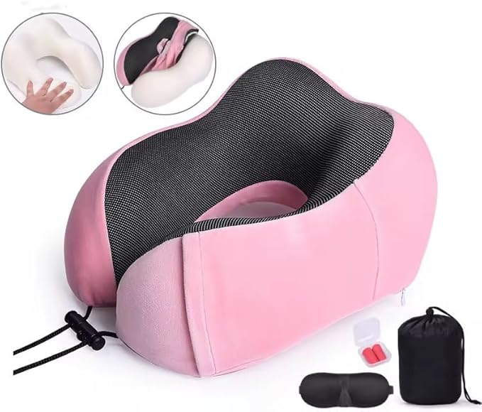 Airplane Travel Neck Pillow, 100% Memory Foam Ergonomic Neck Support, Airplanes Neck Pillow with Washable Cover Travel Essential for Flight Car & Office Includes Eye Masks, Earplugs & Carry Bag (Pink)