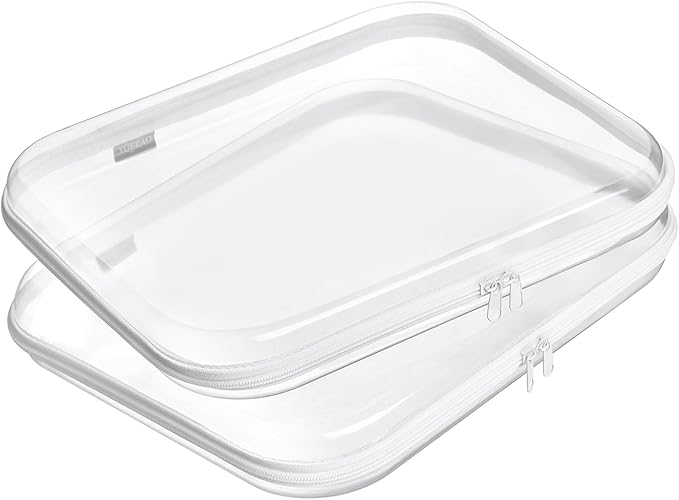 Hard Sided Clear Zipper Case for Storage- Professional-Grade Plastic Clear Zipper Pencil Case,Toy Storage Bins, Toiletry Pouch, Travel Organizer, Cosmetic Bag（White,2 Pack, L）