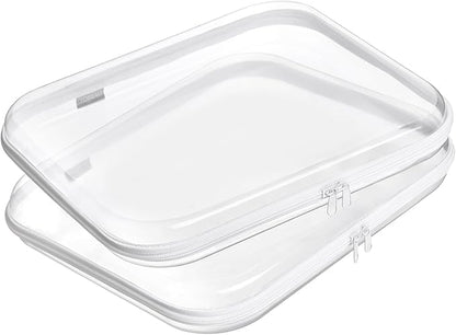 Hard Sided Clear Zipper Case for Storage- Professional-Grade Plastic Clear Zipper Pencil Case,Toy Storage Bins, Toiletry Pouch, Travel Organizer, Cosmetic Bag（White,2 Pack, L）