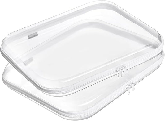 Hard Sided Clear Zipper Case for Storage- Professional-Grade Plastic Clear Zipper Pencil Case,Toy Storage Bins, Toiletry Pouch, Travel Organizer, Cosmetic Bag（White,2 Pack, L）