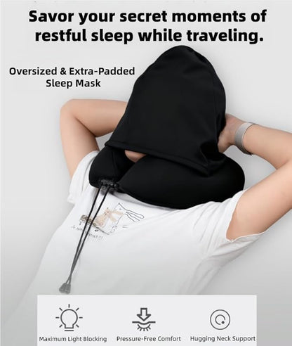 Travel Pillow with Extra Large Hood Rollable Airplant Hooded Neck Pillow with Memory Foam Filling and Removable, Skin-Friendly Cover with a Carrying Pouch
