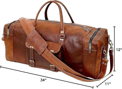 Leather Duffle Bag for Men Luggage Handmade Travel Bag Carry On Luggage Weekender Bags Overnight Gym Sports Cabin Holdall Bag For Airplanes Men And Women (34 Inch Brown)