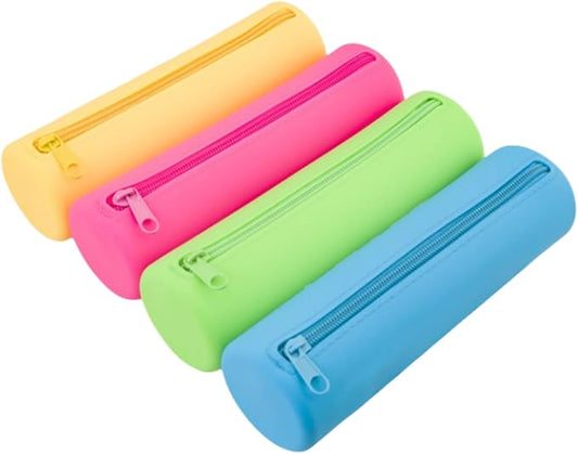 4 Pieces Silicone Makeup Toiletries Pouches, Silicone Stationary Holder, Waterproof Cosmetic Zipper Pouch, Digital Electronics Storage Bag, Beach Essential Travel Pouch (Neon)