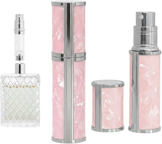 Ms Lovely Pearlescent Travel Perfume Atomizer Bottle – 5ml Refillable Mini Spray for Purse, TSA Approved Portable Fragrance Dispenser (Pink and Silver)