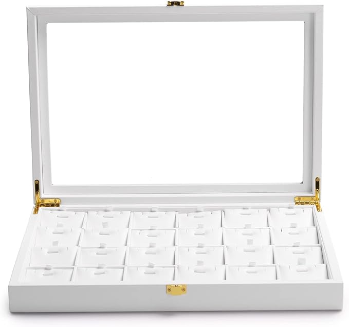 Oirlv White Leather Jewelry Organizer Tray with Acrylic Lid Drawer Insert Jewelry Storage Box with 24 Removable Jewelry Cards Pendant Necklace Display Case Women Gift