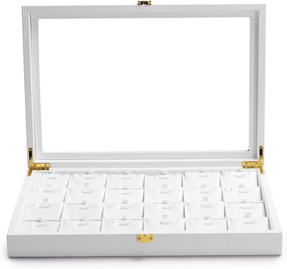Oirlv White Leather Jewelry Organizer Tray with Acrylic Lid Drawer Insert Jewelry Storage Box with 24 Removable Jewelry Cards Pendant Necklace Display Case Women Gift