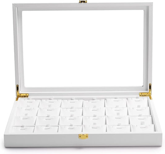 Oirlv White Leather Jewelry Organizer Tray with Acrylic Lid Drawer Insert Jewelry Storage Box with 24 Removable Jewelry Cards Pendant Necklace Display Case Women Gift