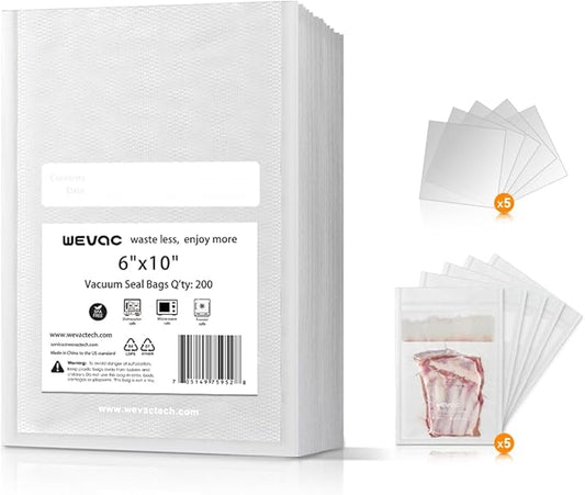 Wevac 6" x 10" Precut Vacuum Sealer Bags, 200 Count, Includes 5 Liquid Block Bags & 5 Bone Guard Pieces, Heavy Duty for Food Storage, Sous Vide & Meal Prep