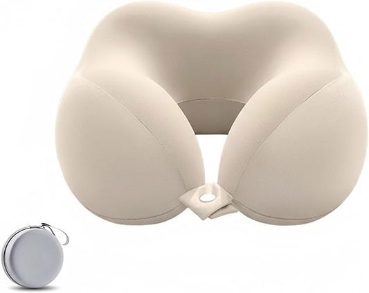Ergonomic U-Shaped Memory Foam Neck Pillow for Travel & Office with Carry Pouch, Provides Neck Support for Airplane, Train, Anti-Sideturn Sleep (Beige)