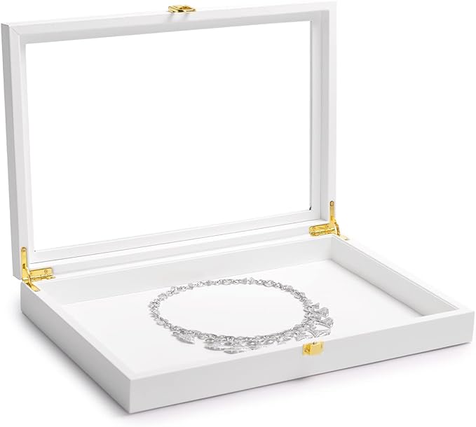 Oirlv White Jewelry Organizer Tray with Acrylic Lid Premium Leather Jewelry Box with Transparent Lid Drawer Insert Big Necklace Display Case(Flat Tray)