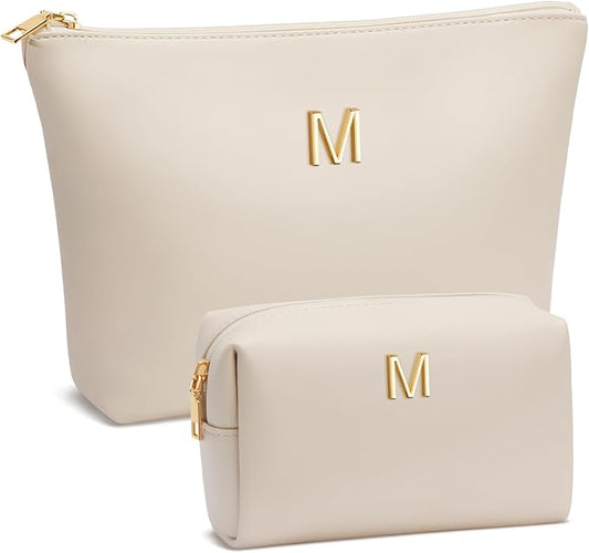 Women Gifts | Initial Makeup Bag Set for Girl Personalized Gifts for Bridesmaid Friend Graduation Teachers PU Leather Cosmetic Travel Toiletry Bag(Beige,M)