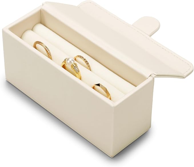 Leather Travel Jewelry Box, Portable Pocket Size Ring Box for Women, Mini Jewelry Travel Case Small Ring Holder Organizer with 12 Slots for purse(Beige)