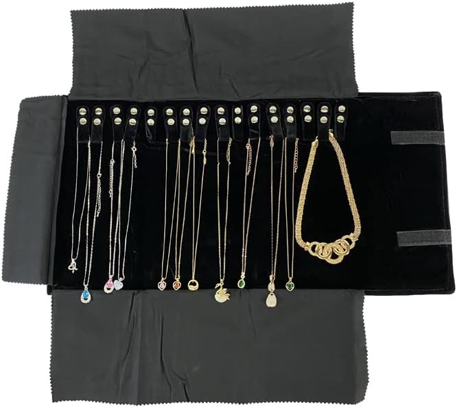 Velet Travel Jewelry Case Roll Bag Organizer for Necklace Bracelet Black Gray Velvet (Black Velvet)