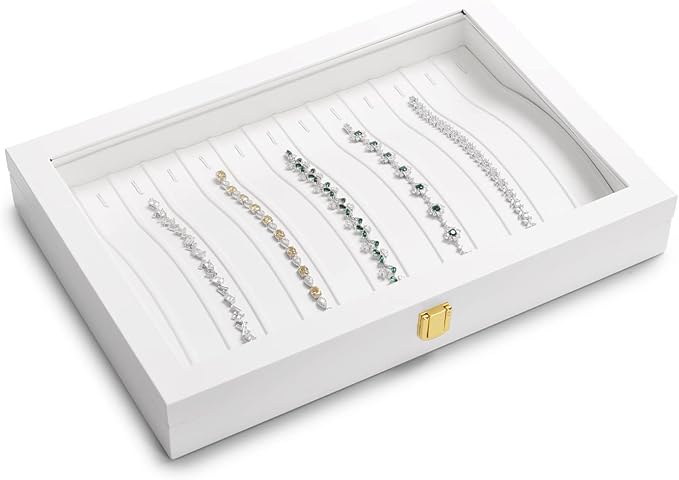 Oirlv White Leather Acrylic Lid Jewelry Necklace Organizer Box Necklace Bracelet Display Holder Case Drawer Insert Women Gift