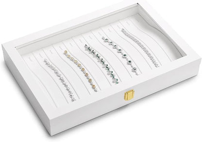 Oirlv White Leather Acrylic Lid Jewelry Necklace Organizer Box Necklace Bracelet Display Holder Case Drawer Insert Women Gift