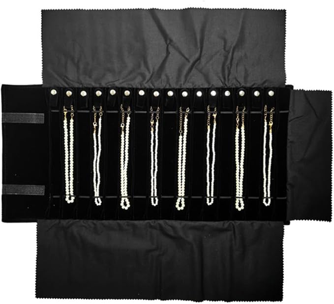 Portable Jewelry Roll Untangled Secure Necklace Travel Storage Bag Displays Holder 16 Chain (Black Diamond)