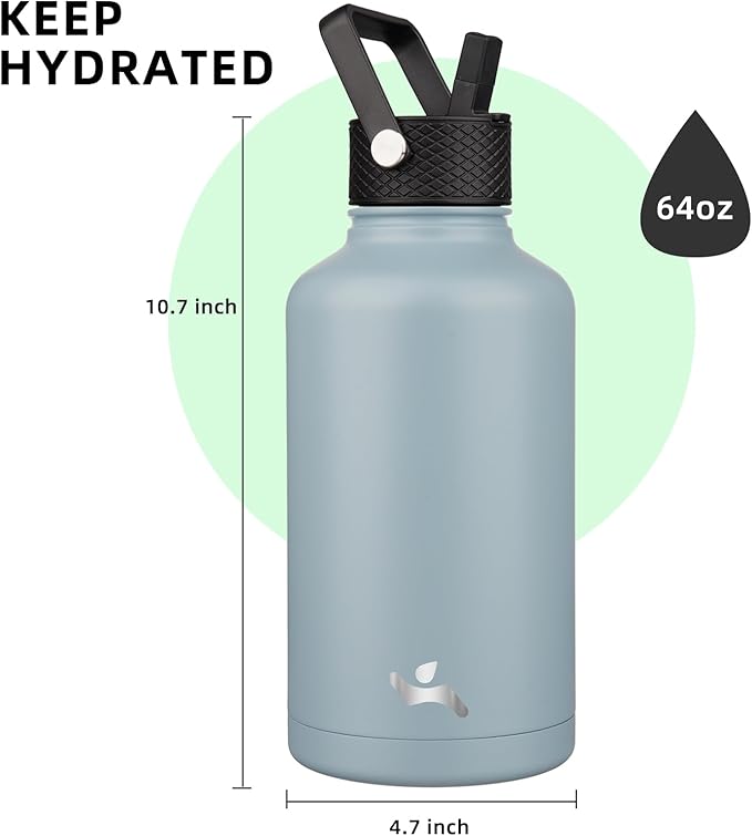 Half Gallon Insulated Water Bottle with Straw,64 oz 3 Lids Water Jug with Carrying Bag,Paracord Handle,Double Wall Vacuum Stainless Steel Metal Flask,Storm Blue