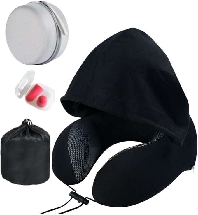 Travel Pillow with Extra Large Hood Rollable Airplant Hooded Neck Pillow with Memory Foam Filling and Removable, Skin-Friendly Cover with a Carrying Pouch