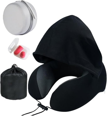 Travel Pillow with Extra Large Hood Rollable Airplant Hooded Neck Pillow with Memory Foam Filling and Removable, Skin-Friendly Cover with a Carrying Pouch