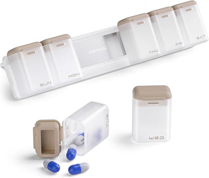 Weekly Pill Organizer Magnetic, Removable Pill Box 7 Day 1 Time a Day, Large Pill Case Travel, Week Once Daily Medication Dispenser, Medicine Container Holder for Supplement Vitamin, Brown