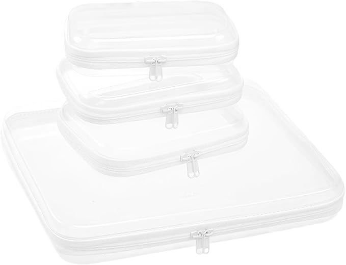4 pcs Zipper Pouches Set, XL Hard Shell Storage Bag with 3 Medium Minus Travel Cases, Stackable Toiletry Organizer, Cosmetic Bag, Transparent Travel Storage (XL + 3 M-)