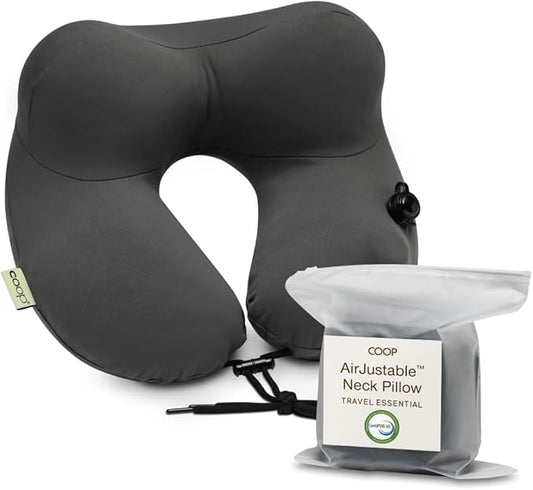 Coop Home Goods AirJustable Travel Neck Pillow, Inflatable, Adjustable Support for Neck & Chin, Compact Travel Pillow, Soft Memory Foam Comfort, Airplane Travel Essentials, Cooling & Washable Cover