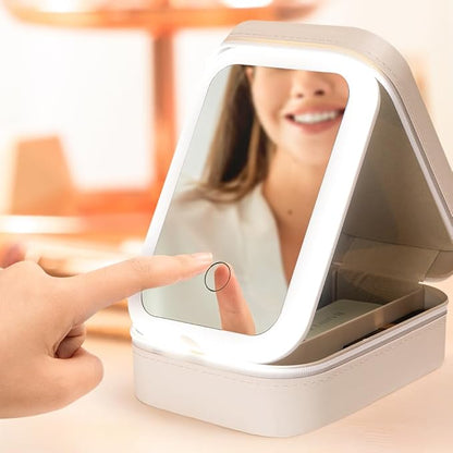 Custom Jewelry Box With LED Light and Makeup Mirror Leather Travel Jewelry Case Organizer Personalized Birth Flower Name Jewelry Boxes For Women