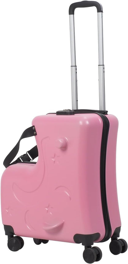 20 Inch Kids Carry-On Trolley, Pink Suitcase with Wheels Impact Resistant Rolling Children Travel Luggage with Seat and Safety Belt Small Suitcase for Unisex Boys Girls ABS+PC (Pink)