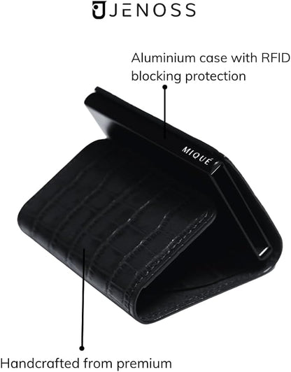 Jenoss Smart Wallet For Men: Full Grain Leather, Handcrafted, Slide Metal Pop Up Case, Slim RFID Blocking Credit Card Holder, Minimalist, Compact, 6-8 Cards Organizers, Front Pocket, Money Clip (Navy)