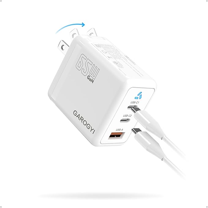 USB C Charger 65W, 3 Ports GaN Fast Charger Block, Compact Foldable Wall Charger with USB-C Cable for iPhone 16 Pro Max, iPad, MacBook Pro/Air,Galaxy S24,Dell XPS 13,Pixel 8 and More (White)