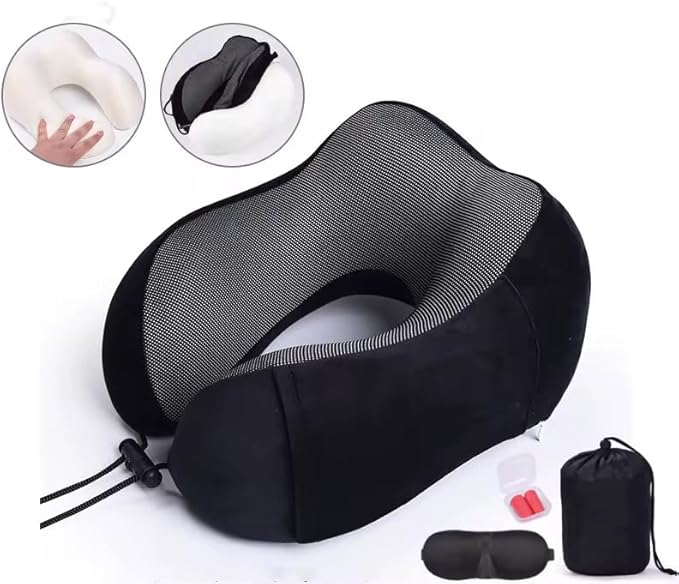 Airplane Travel Neck Pillow, 100% Memory Foam Ergonomic Neck Support, Airplanes Neck Pillow with Washable Cover Travel Essential for Flight & Office Include Eye Mask, Earplugs & Carry Bag (Black)