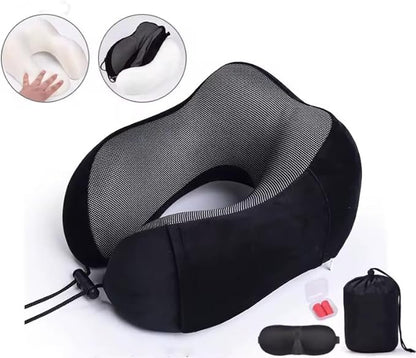 Airplane Travel Neck Pillow, 100% Memory Foam Ergonomic Neck Support, Airplanes Neck Pillow with Washable Cover Travel Essential for Flight & Office Include Eye Mask, Earplugs & Carry Bag (Black)