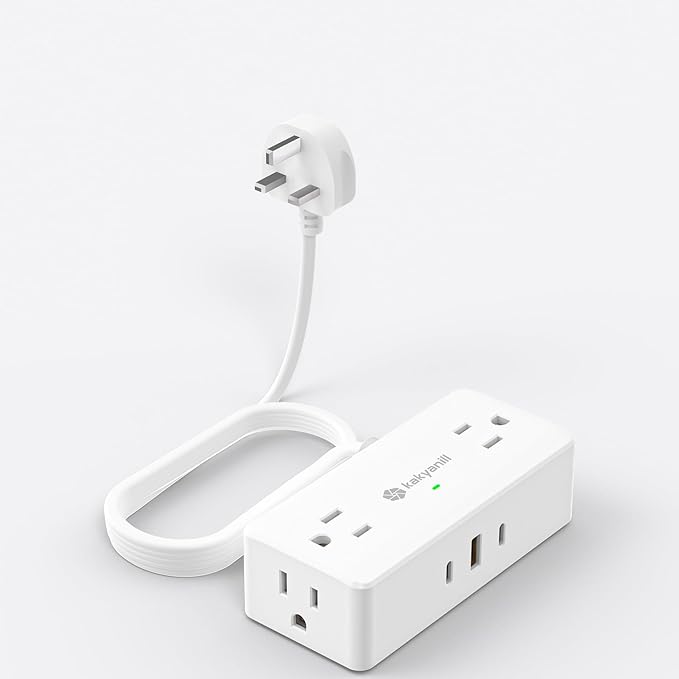 UK Adapters for Travel, US to UK Plug Adapter, 4 AC Outlets, 3 USB Ports (2 USB C), 5ft Flat Extension Cord, Type G Plug Adapter, for UK Ireland Hong Kong Travel