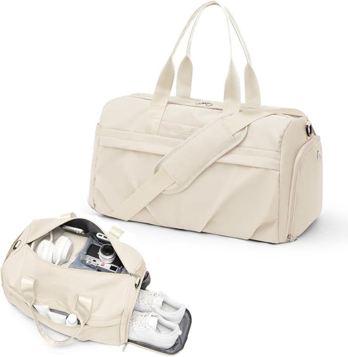 Gym Bag for Women Men with Shoe Compartment, Sport Duffel Bag, Waterproof Travel Weekender Overnight Carry on Bag for Yoga with Trolley Sleeve, Beige