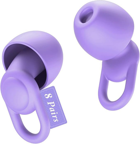 Silicone Ear Plugs for Noise Reduction - Reusable Soft Comfortable Earplugs for Sleeping,Noise Sensitivity & Flights -16 Ear Tips in XS/S/M/L, with 2 Travel Boxes - 33dB Noise Cancelling (Purple)