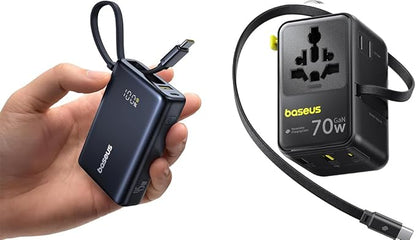 Baseus 70W Universal Travel Adapter & 45W Power Bank Built in USB-C Cable