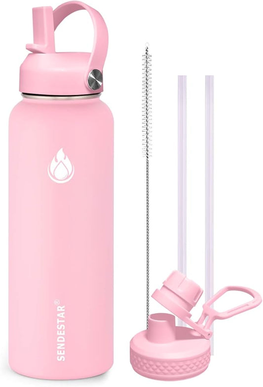 SENDESTAR Stainless Steel Water Bottle, Wide Mouth Water Bottle 32 oz with Straw Lid, Spout Lid, Double Wall Vacuum Insulated Leak Proof, Keeps Liquids Hot or Cold (Peach)