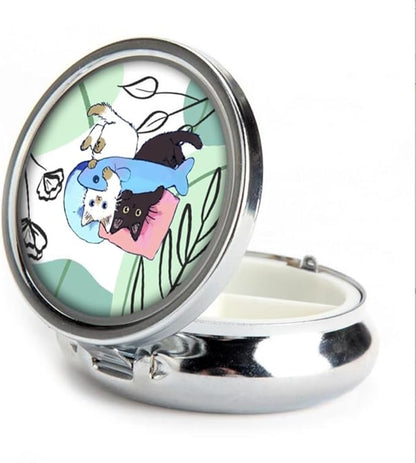 Pill Box,Cats Round Pill Box 3 Compartment Decorative Pocket Purse Portable Mini Travel Medicine Tablet Vitamin Holder Organizer Pill Case