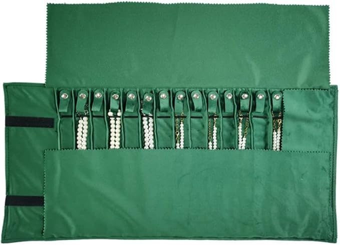Portable Jewelry Roll Untangled Secure Necklace Travel Storage Bag Displays Holder 16 Chain (gray PU and green)
