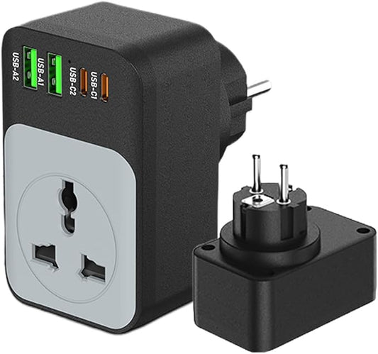 European Travel Plug Adapter, COOFINE 65W International Power Adapter with 2 PD USB C 2 USB Ports, Type E F Plug Adapter for US to Europe Spain Iceland German French, Europe Travel Essentials