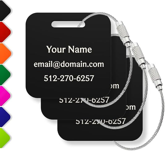 Custom Luggage Tags (3 or 6 Pack) - Personalized Unique Suitcase & Backpack Travel, Durable, Waterproof & Heavy Duty (Black)
