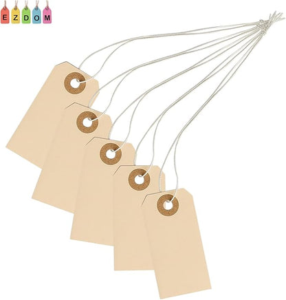 Paper Tags with Strings Attached Elastic- #1, 2 3/4” x 1 3/8”, Box of 500 Manila Shipping Label Tags with Elastic String and Reinforced Hole