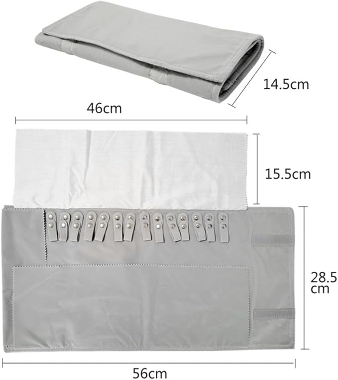 Premium Jewelry Roll Organizer for 16 Necklaces 55cm x 29cm Metal Snap & Velcro Closure - Ideal for Travel and Storage (Grey)